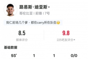 路易斯·迪亚斯本场：传射+1中框2过人成功2关键传球，评分8.5