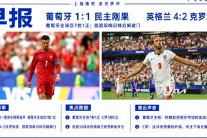 世界杯早报：葡萄牙1-1送民主刚果世界杯首分；英格兰4-2克罗地亚
